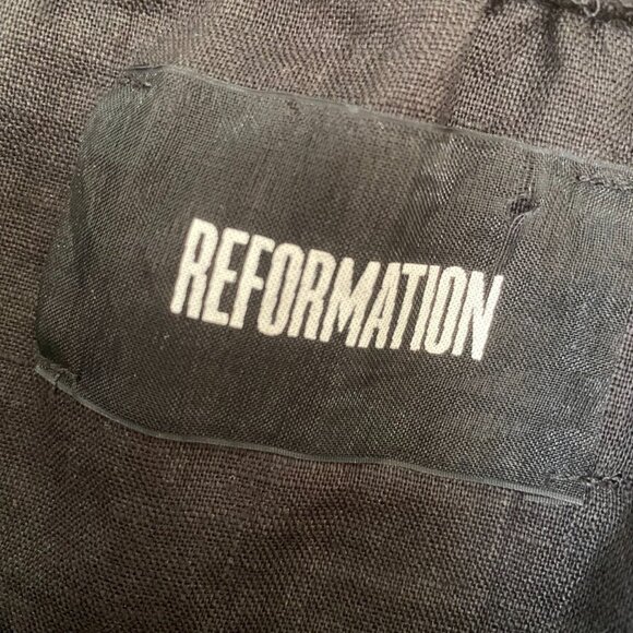 REFORMATION Amethyst 100% Linen Midi Dress XL Black Ruffle Off Shoulder Lagom - Picture 3 of 12